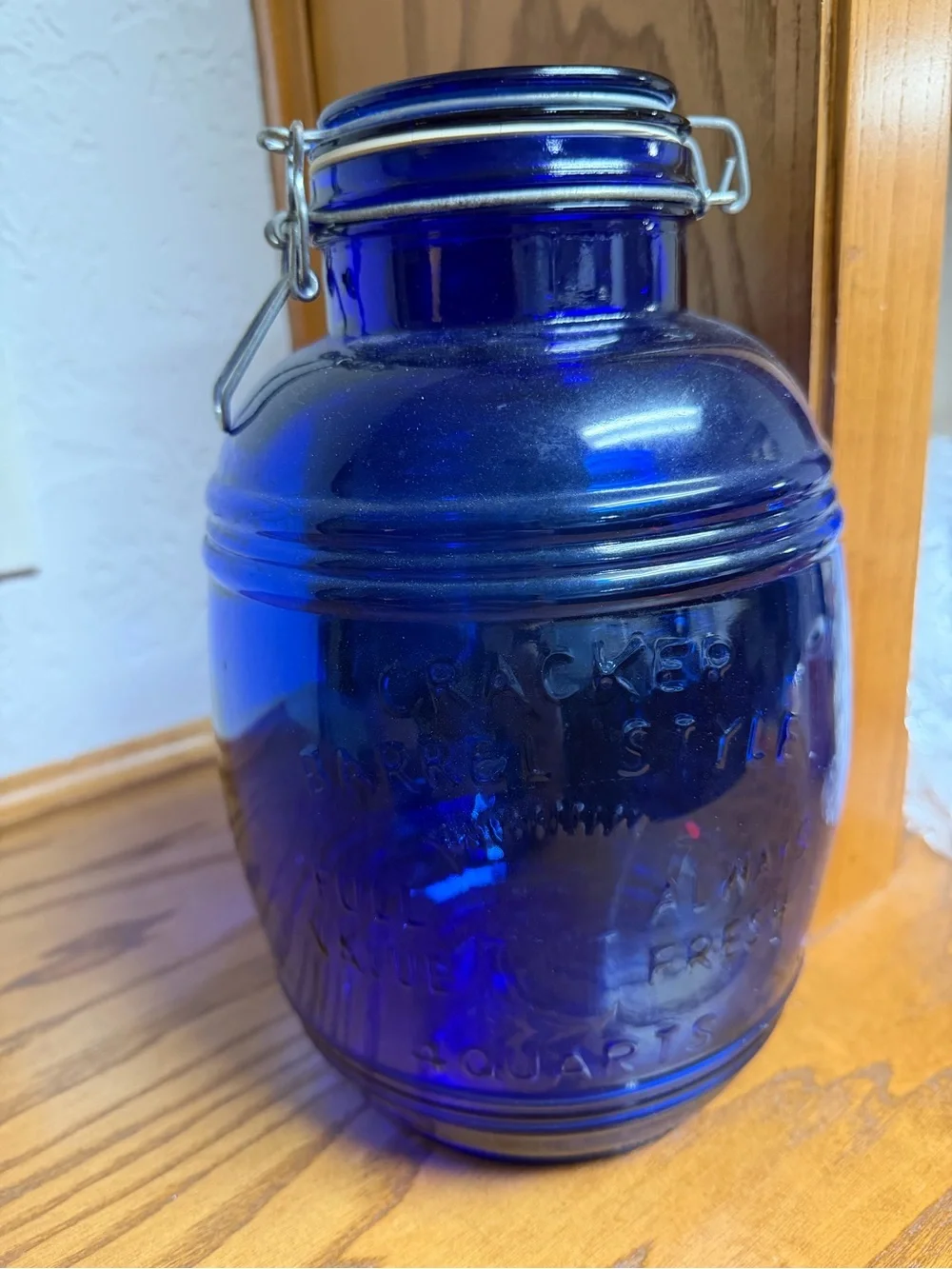 Cobalt Blue Cracker Barrel Glass Airtight Canister with lock down lid 11 inches